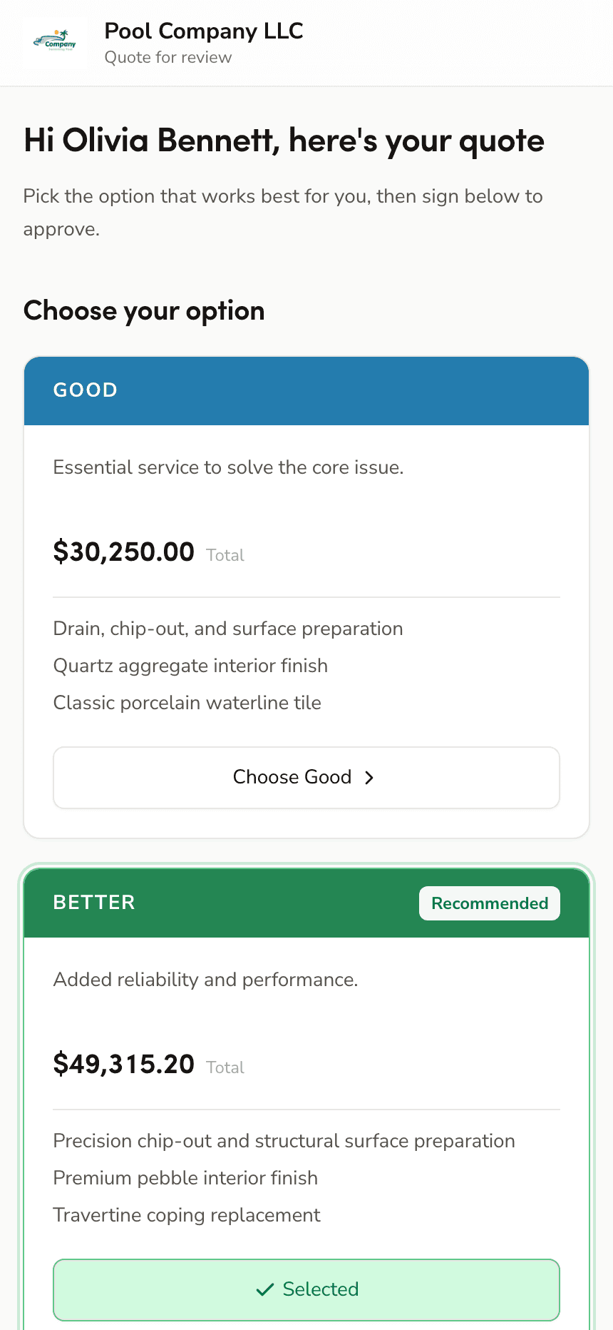 Pooly mobile customer quote