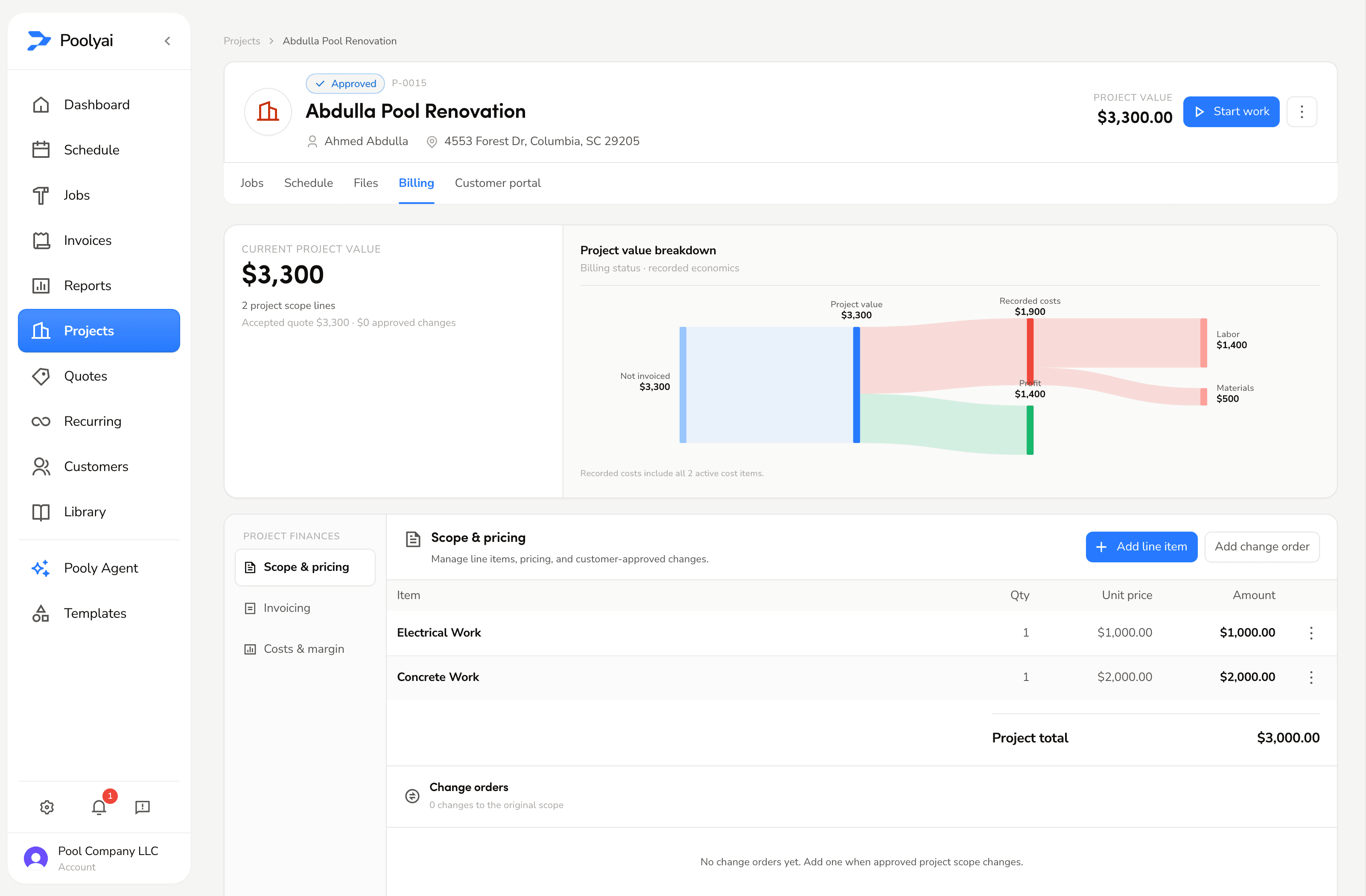 Pooly project billing workspace showing value, costs, scope, and margin