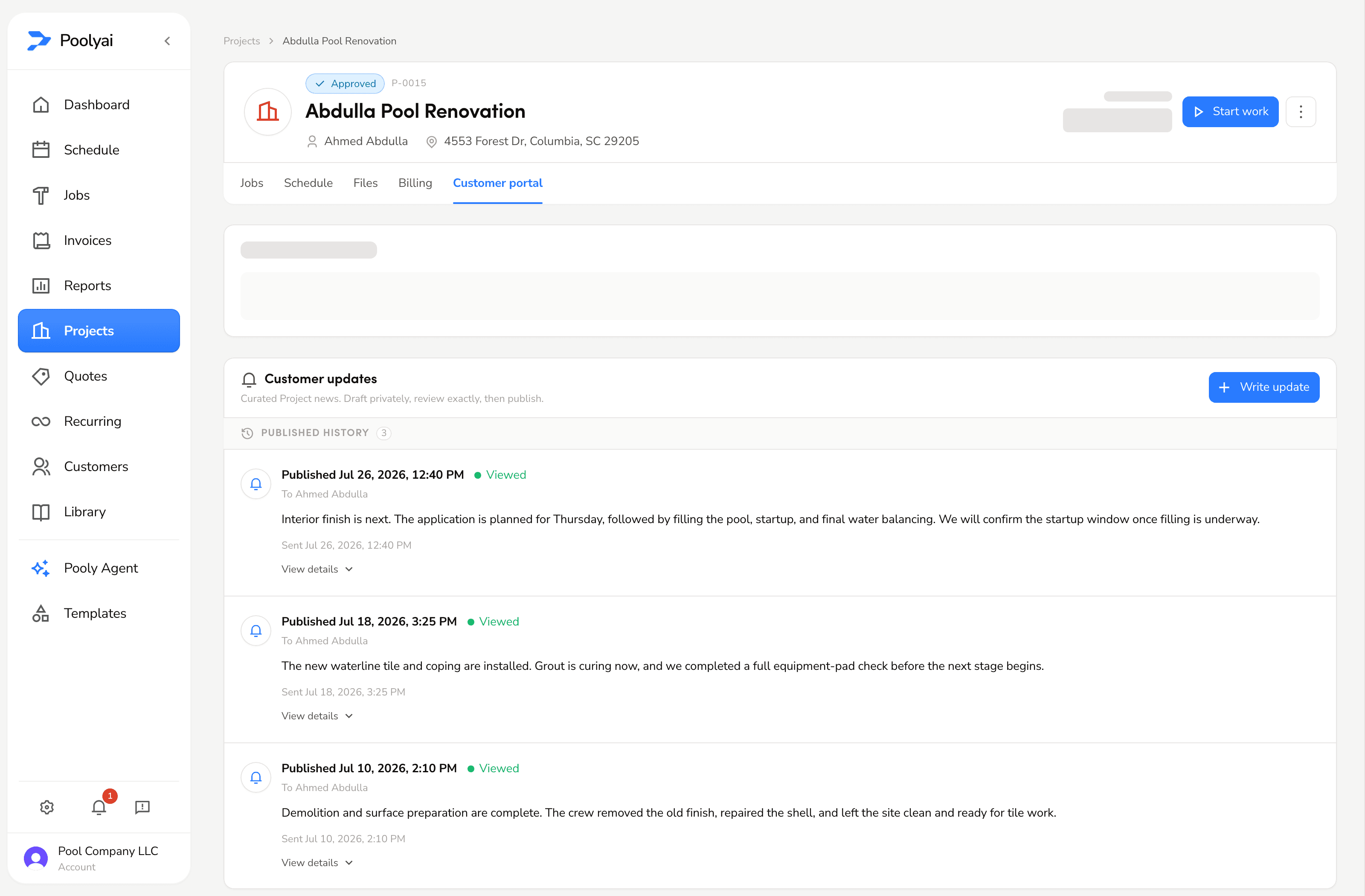 Pooly project customer portal for updates, files, and billing