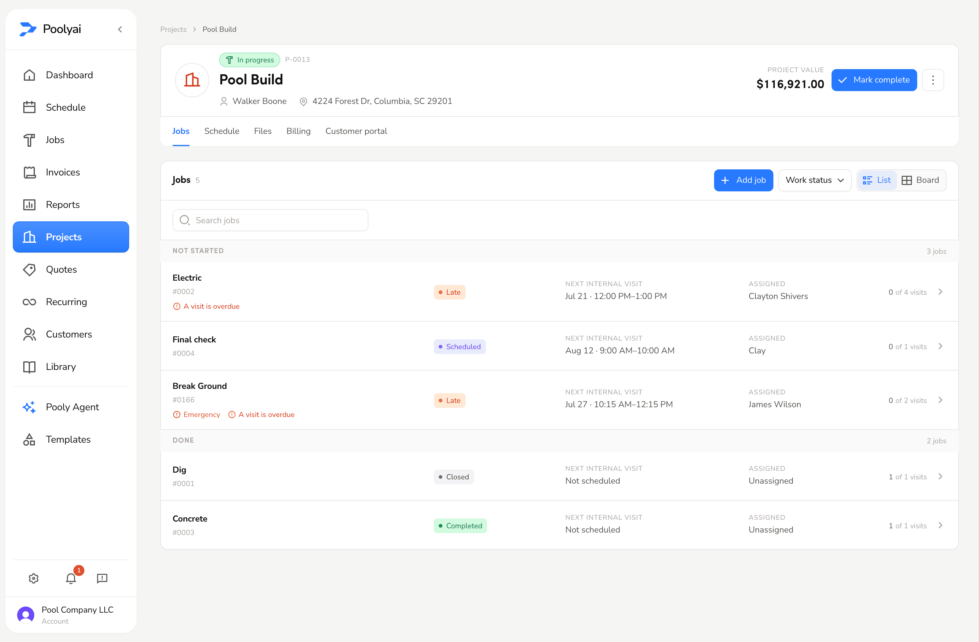 Pooly project jobs with status, schedule, and ownership