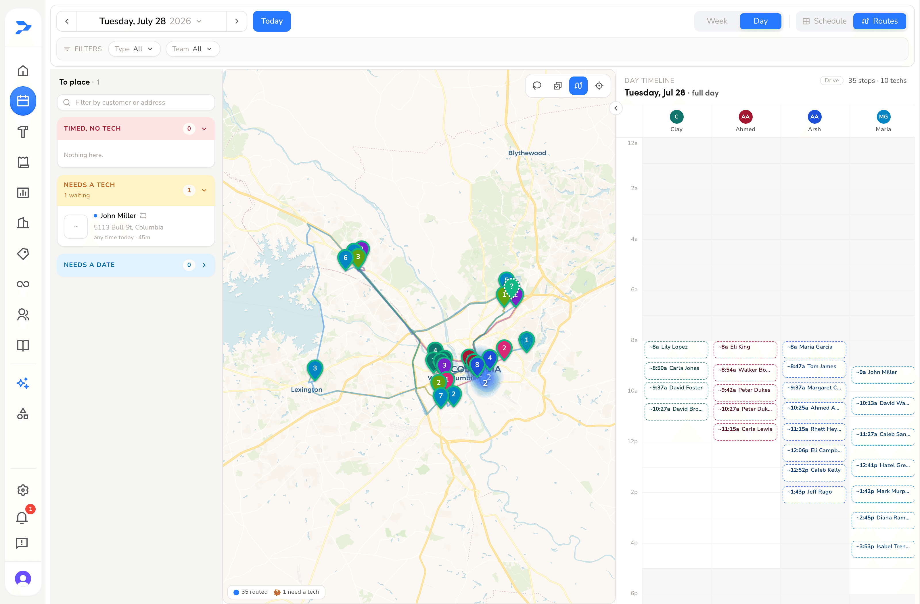 Pooly route planning board with a live map, 35 stops, and technician day timelines