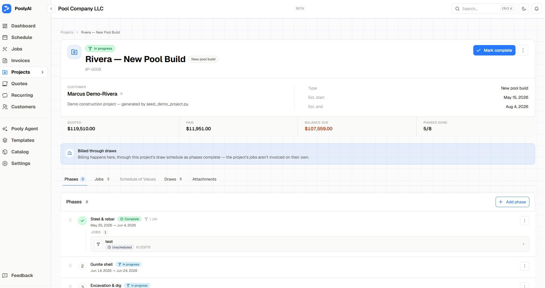 Pooly construction project with quoted total, balance due, phases, and draws