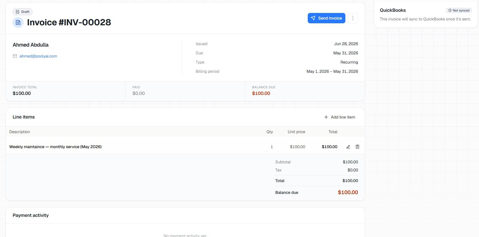 Pooly invoice detail with balance due and QuickBooks sync