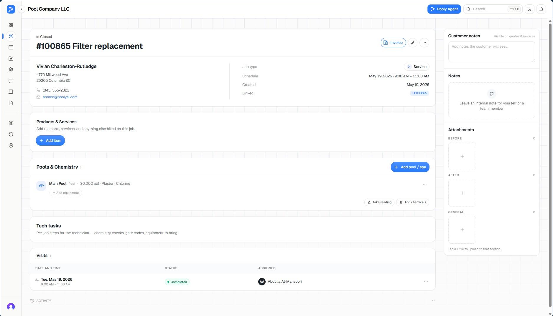 Pooly jobs view showing live status and parts