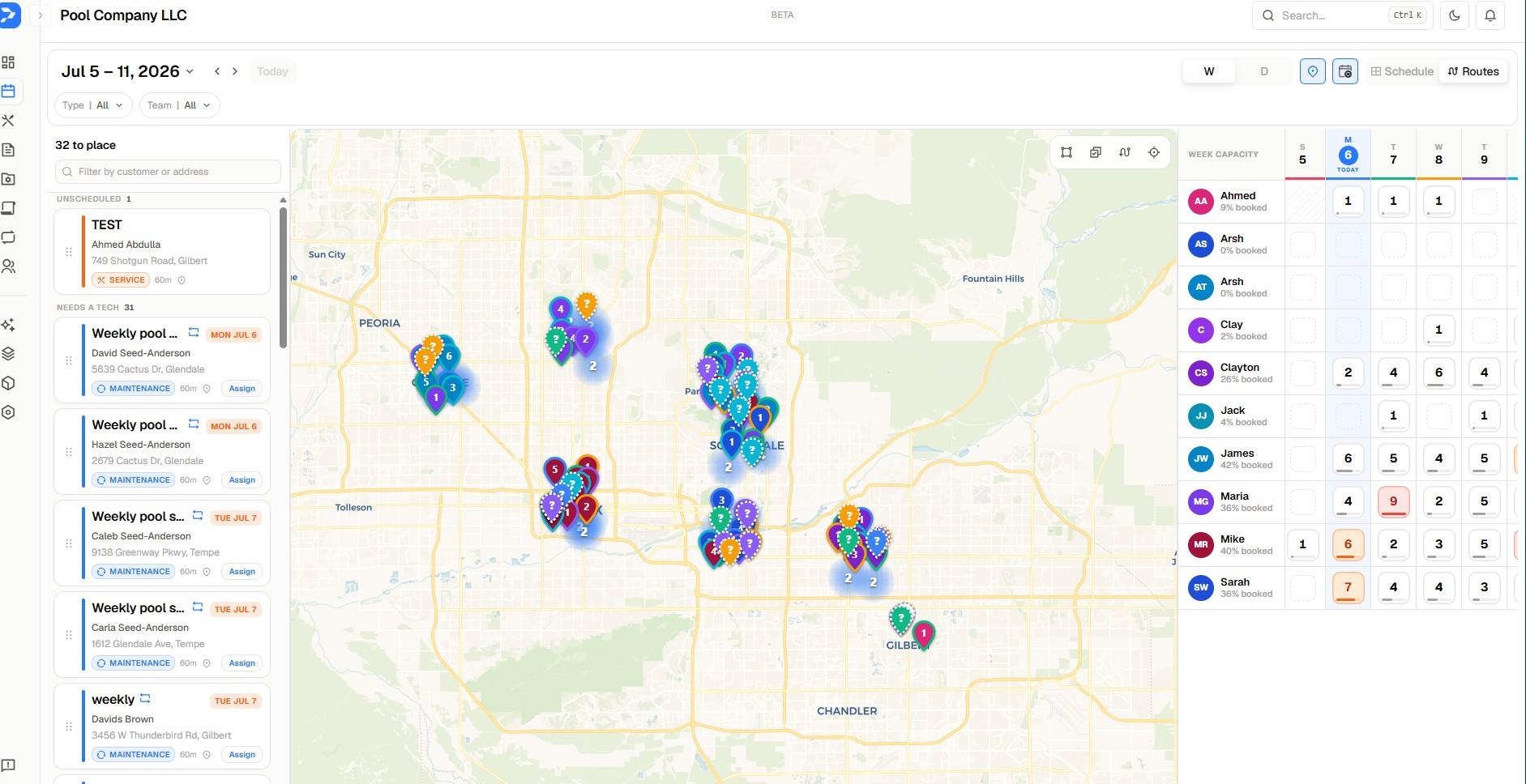 Pooly route planning with weekly schedule, map, and tech capacity