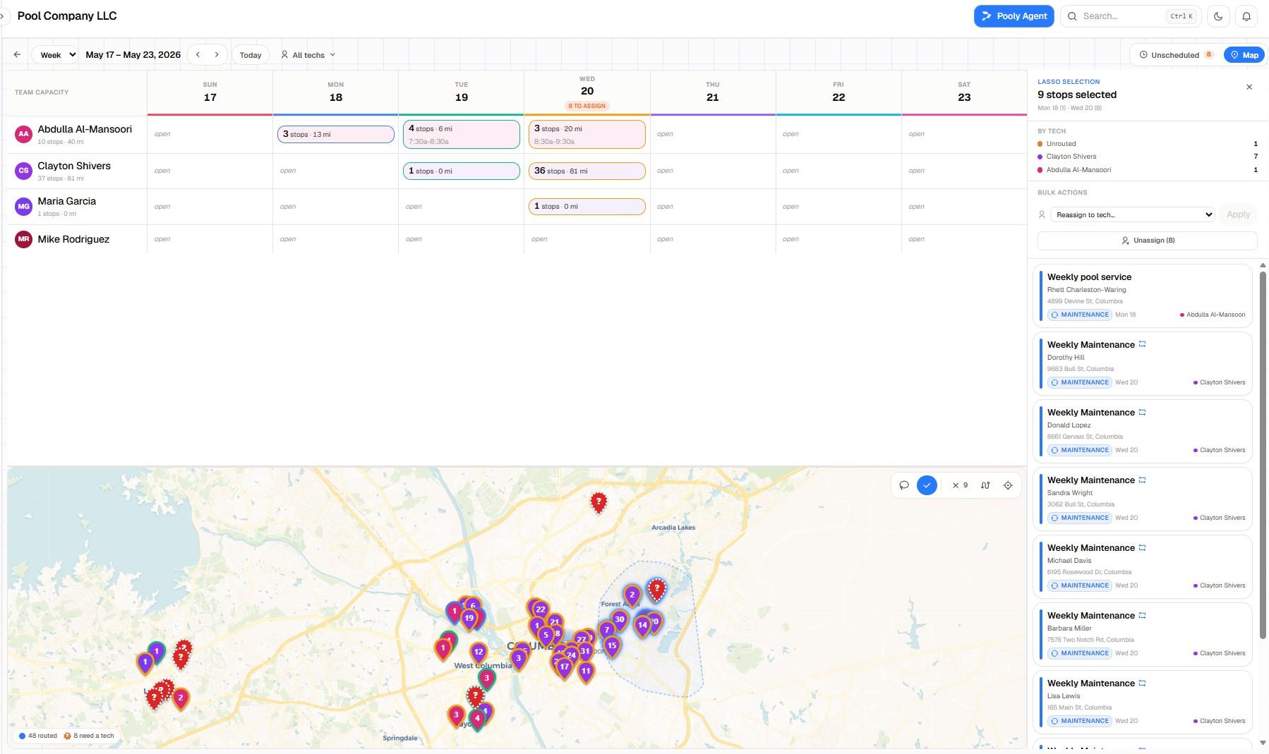 Pooly routes view with stops on a map and lasso selection